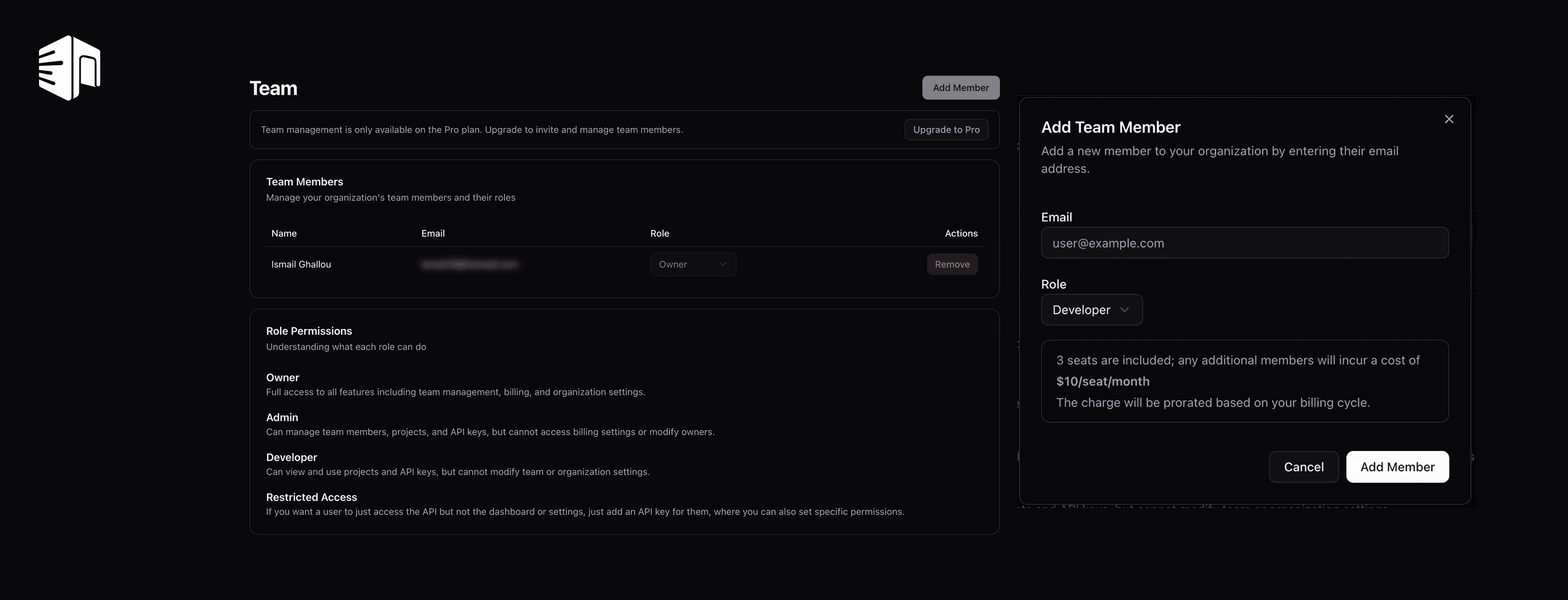 Team Members management with role controls and seat usage